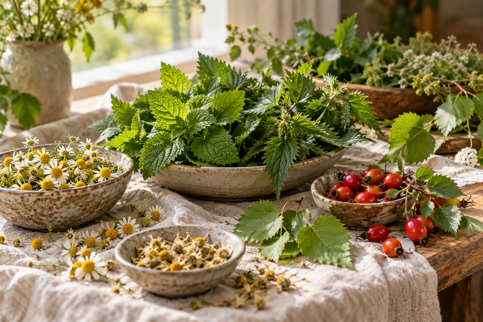 Skålar med färska örter, kamomillblommor och nypon på ett dukat bord i varmt ljus