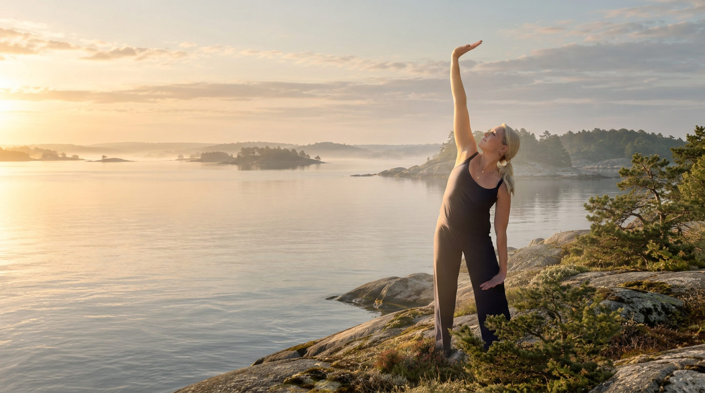 Johanna gör en qigong-rörelse på klipporna vid havet i varmt morgonljus
